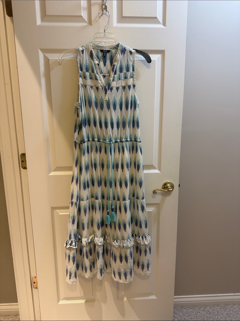 Hatley Blue and White Sleeveless Maxi Dress with Tassel Waist